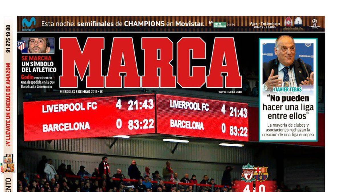 Marca (Spanien): "Historisches Versagen! Rom war ein Witz dagegen! Zwei der schwärzesten Nächte Barcas in nur einem Jahr, Valverde auf der Bank ist der Mittelpunkt der Kritik. Zwei unmöglich scheinende Comebacks werden bei Barcelona Realität. Anfield verschluckt Messi"