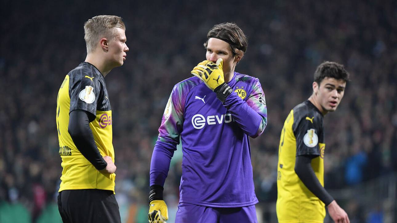 Erling Haaland, Marwin Hitz und Gio Reyna im Februar 2020 beim DFB-Pokal-Achtelfinale gegen Werder Bremen