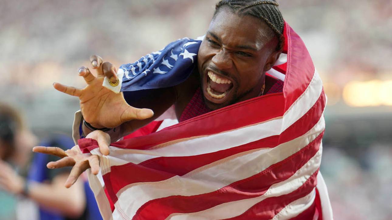 Jubelgeste nach Gold: Hier zeigt Noah Lyles das Kamehameha, eine Kampftechnik aus seiner Lieblings-Animeserie Dragonball