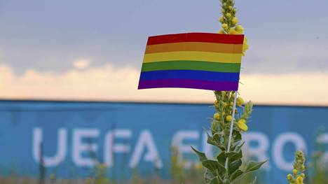 Zwei dänische Fans brachten eine Regenbogen-Fahne mit