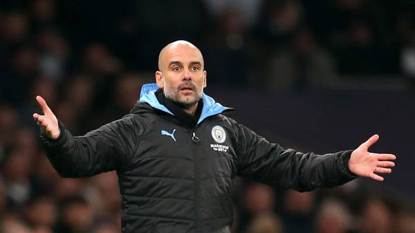 LONDON, ENGLAND - FEBRUARY 02: Pep Guardiola, Manager of Manchester City gestures during the Premier League match between Tottenham Hotspur and Manchester City at Tottenham Hotspur Stadium on February 02, 2020 in London, United Kingdom. (Photo by Catherine Ivill/Getty Images)