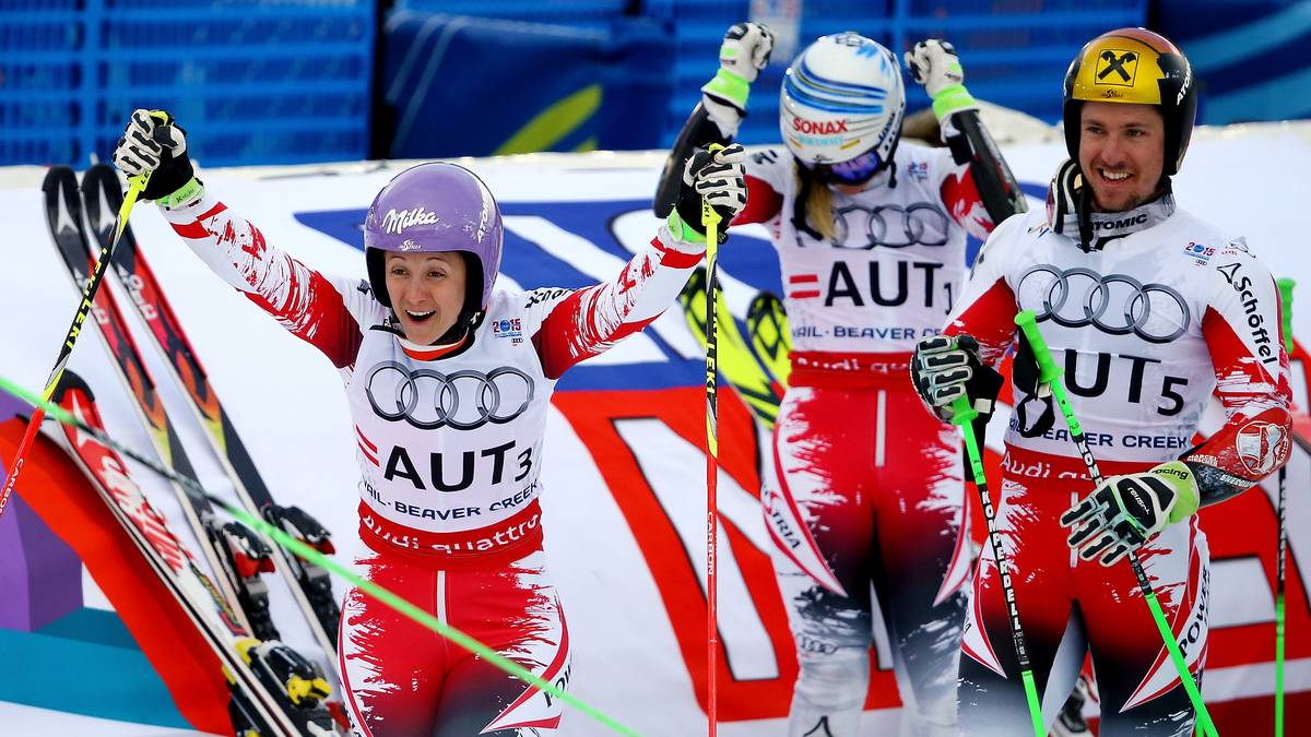 Der Gold-Coup bleibt Anderen vorbehalten - nämlich einmal mehr Österreich um (v.l.) Michaela Kirchgasser, Eva-Maria Brem und Marcel Hirscher. Im finalen Lauf ist auch Kanada kein Gegner mehr. Bronze holt Schweden
