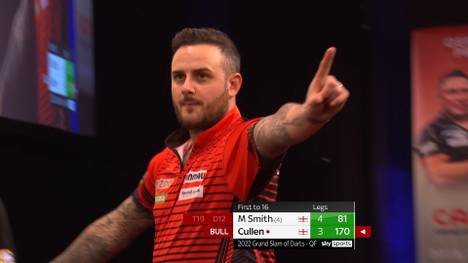 Micheal Smith schlägt im Viertelfinale des Grand Slam of Darts Joe Cullen mit 16:15 und sichert sich den Platz im Halbfinale.