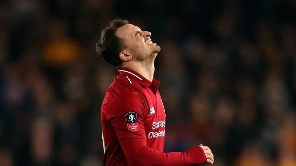 WOLVERHAMPTON, ENGLAND - JANUARY 07: Xherdan Shaqiri of Liverpool reacts during the Emirates FA Cup Third Round match between Wolverhampton Wanderers and Liverpool at Molineux on January 7, 2019 in Wolverhampton, United Kingdom. (Photo by Catherine Ivill/Getty Images) 