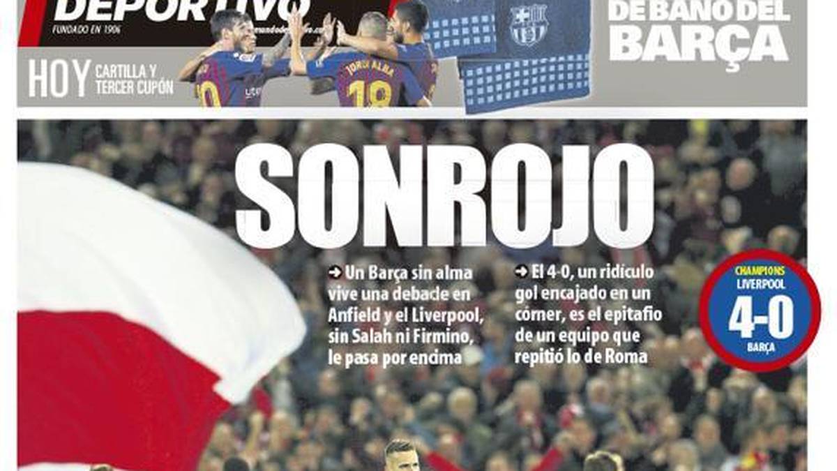 Mundo Deportivo (Spanien): "Ein seelenloses Barca erlebt ein Debakel in Anfield gegen Liverpool. Ein neues europäisches Debakel von Barca und der Abschied aus der Champions League. Liverpool überwältigt die Blaugrana in einer weiteren schwarzen Nacht"