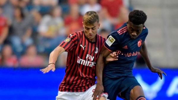 AC Milan's Italian foward Daniel Maldini (L) vies for the ball with FC Bayern's French foward Kingsley Coman during their International Champions Cup football match between Fc Bayern and AC Milan at Children's Mercy Park in Kansas City, Kansas on July 23, 2019. (Photo by Tim VIZER / AFP)        (Photo credit should read TIM VIZER/AFP via Getty Images)