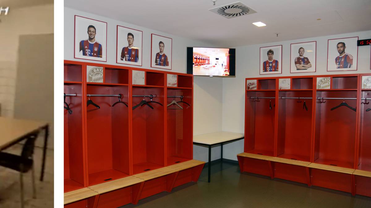 Auch wenn es nicht so aussieht, es handelt sich hier tatsächlich um zwei Spielerkabinen aus der Bundesliga. Statt eigenen Spinds müssen sich die verwöhnten Bayern-Stars am Samstag mit spartanischen Holzbänken, Haken aus Aluminium und Schultischen begnügen. Es kann auch vorkommen, dass aus den Duschen kein warmes Wasser kommt. Erhalten die Bayern ihre kalte Dusche bereits vorher auf dem Rasen, wäre das bei diesen Gegensätzen eine der größten Überraschung in der Bundesliga-Geschichte