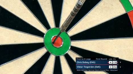 Chris Dobey schlägt beim NEO.bet German Darts Grand Prix München 2024 Viktor Tingström deutlich und spielt dabei auch den Big Fish.