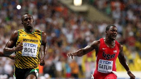 Usain Bolt (links) und Justin Gatlin bei der Leichtathletik-WM 2013 in Moskau
