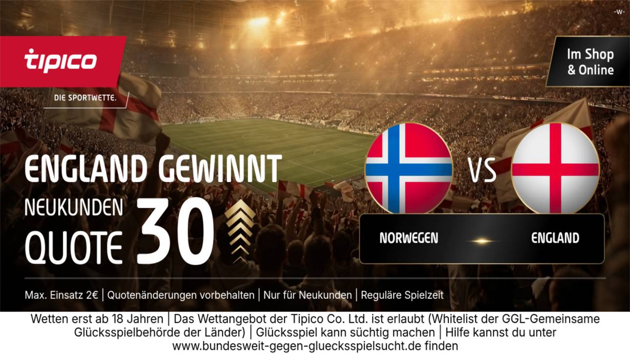 WM-HAMMER! Quote 30,00 statt 1,87: Tipico zündet den Turbo für England-Sieg gegen Norwegen!