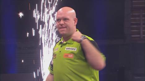 Michael van Gerwen fertigt Nathan Aspinall mit einem white-Wash im Halbfinale des achten Spieltags der Premier League of Darts ab.