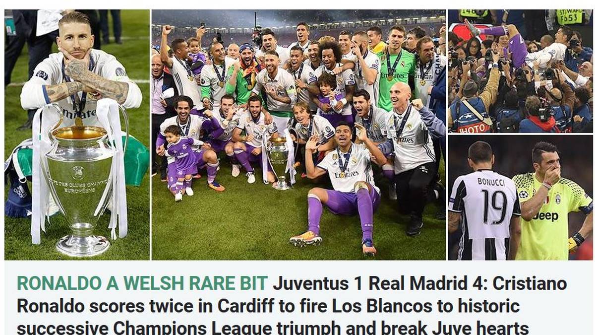 THE SUN (England): "Juventus 1 Real Madrid 4: Cristiano Ronaldo trifft doppelt in Cardiff, feuert Los Blancos zur historischen Titelverteidigung in Cardiff und bricht Juves Herz."