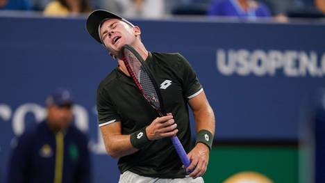 Dominik Koepfer of Germany reacts to losing a point against Daniil Medvedev of Russia in their Round Four Men's Singles tennis match during the 2019 US Open at the USTA Billie Jean King National Tennis Center in New York on September 1, 2019. (Photo by DOMINICK REUTER / AFP)        (Photo credit should read DOMINICK REUTER/AFP/Getty Images)