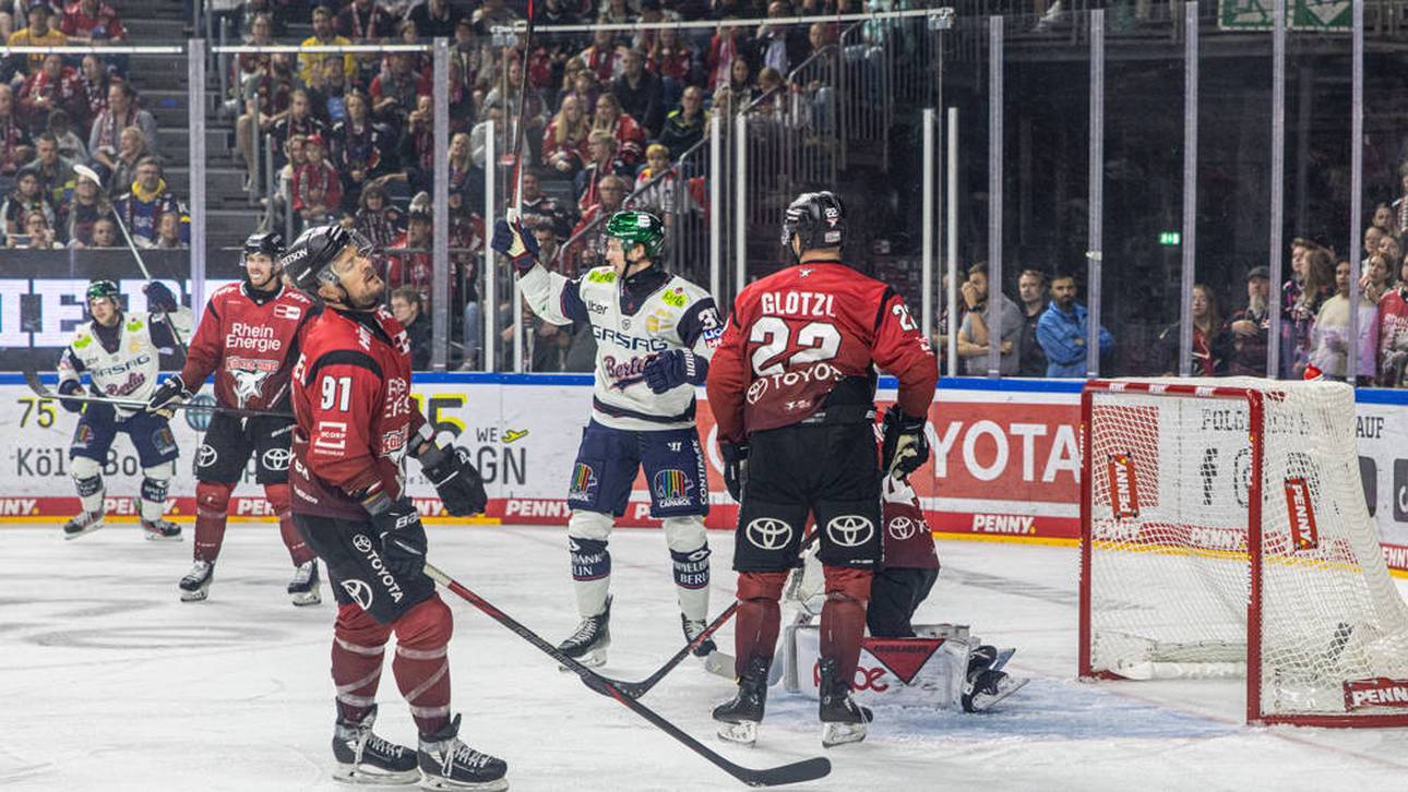 Die Spieler der Kölner Haie reagieren enttäuscht auf den Treffer von Markus Vinkingstad