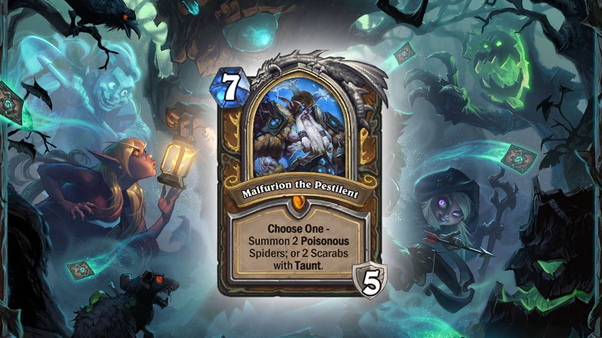 Malfurion der Befallene (Malfurion the Pestilent) - Wählt aus: Ruft 2 giftige Spinnen herbei; oder 2 Skarabäen mit Spott. Diese Karte wird einmal im Deck gespielt