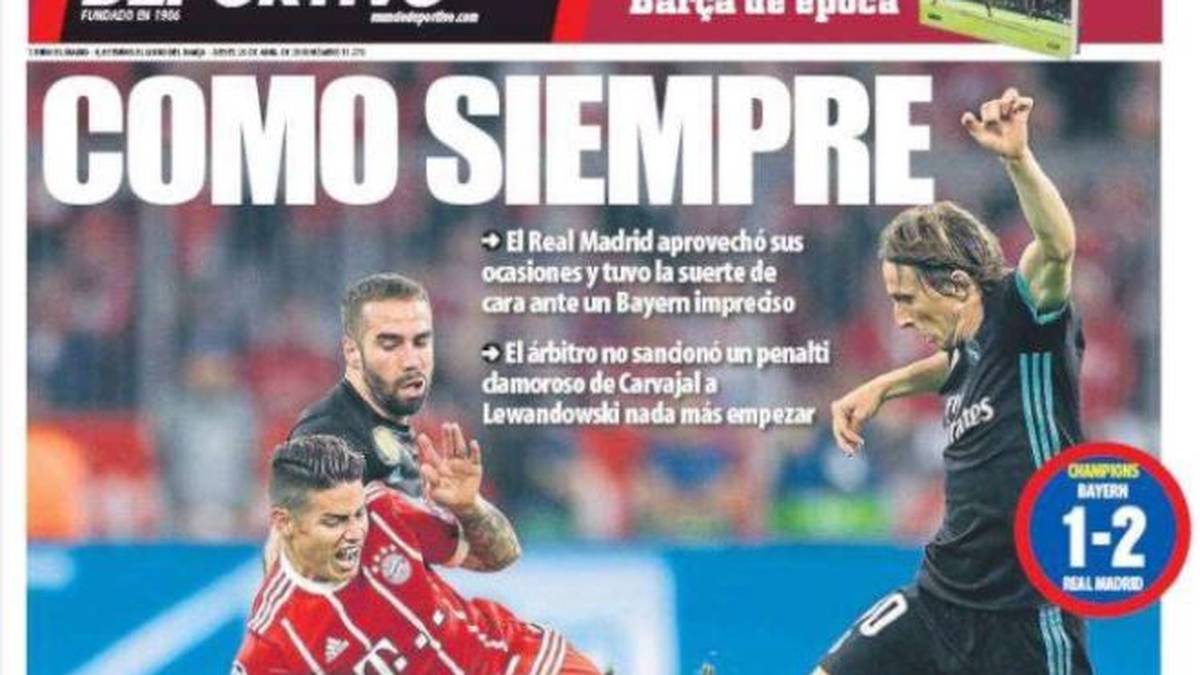 MUNDO DEPORTIVO (Spanien): "Real wieder im Glück, so wie immer. Das ist für Real aber noch nicht durch, das werden jetzt nochmal 90 emotionale Minuten in Madrid."