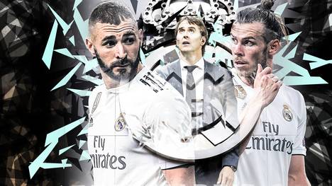 Karim Benzema (l.), Trainer Julen Lopetegui (M.) und Gareth Bale durchleben mit Real Madrid eine seltene Flaute