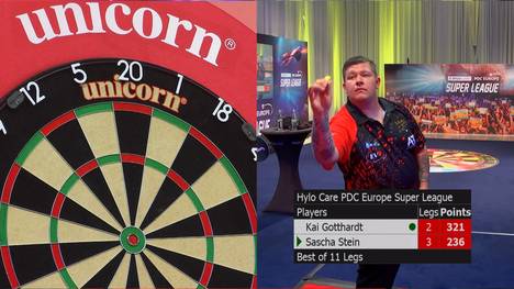 Kai Gotthardt unterliegt Sascha Stein, obwohl ihm das bisher beste Leg der HYLO CARE PDC Europe Super League mit 11 perfekten Darts gelingt.