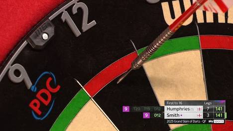 Michael Smith und Luke Humphries spielen beim Grand Slam of Darts um den Einzug ins Halbfinale. Im elften Leg starten beide mit 6 perfekten Darts und erinnern an das legendäre Leg zwischen Smith und MvG.