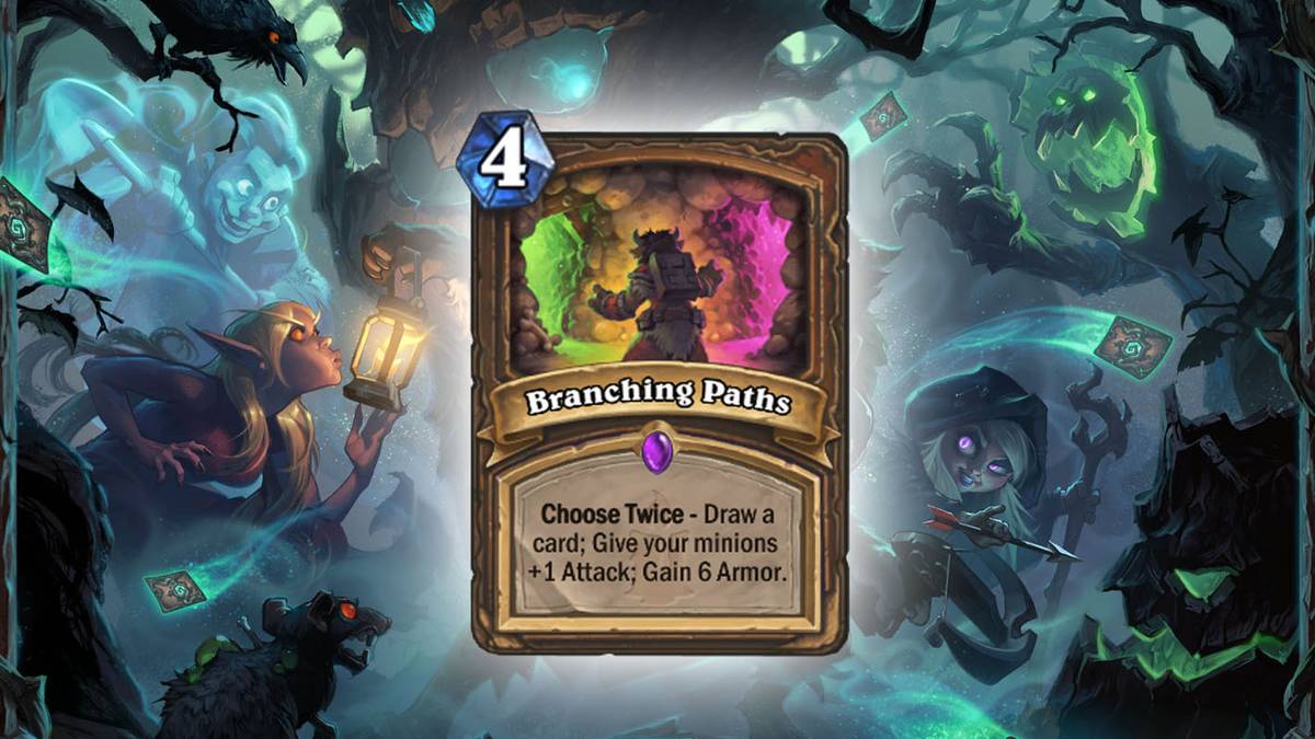 Am Scheideweg (Branching Paths) - Wählt zweimal: Zieht eine Karte; verleiht Euren Dienern +1 Angriff; erhaltet 6 Rüstung. Diese Karte wird zweimal im Deck gespielt