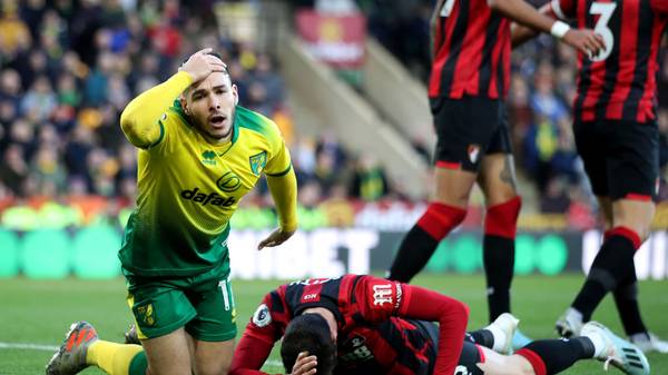 NORWICH, ENGLAND - JANUARY 18: Emi Buendia of Norwich City reacts during the Premier League match between Norwich City and AFC Bournemouth  at Carrow Road on January 18, 2020 in Norwich, United Kingdom. (Photo by Marc Atkins/Getty Images)
