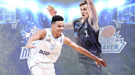 Anthony Canty (l.) von den Eisbären Bremerhaven und Ben Madgen von den HAKRO Merlins Crailsheim kämpfen mit ihren Teams in der BBL gegen den Abstieg