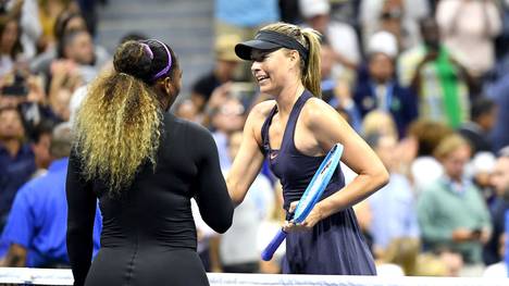 NEW YORK, NEW YORK - AUGUST 26:  Serena Williams of the United States shakes hands with Maria Sharapova of Russia after defeating her in her Women's Singles first round match during day one of the 2019 US Open at the USTA Billie Jean King National Tennis Center on August 26, 2019 in the Flushing neighborhood of the Queens borough of New York City.  (Photo by Emilee Chinn/Getty Images)