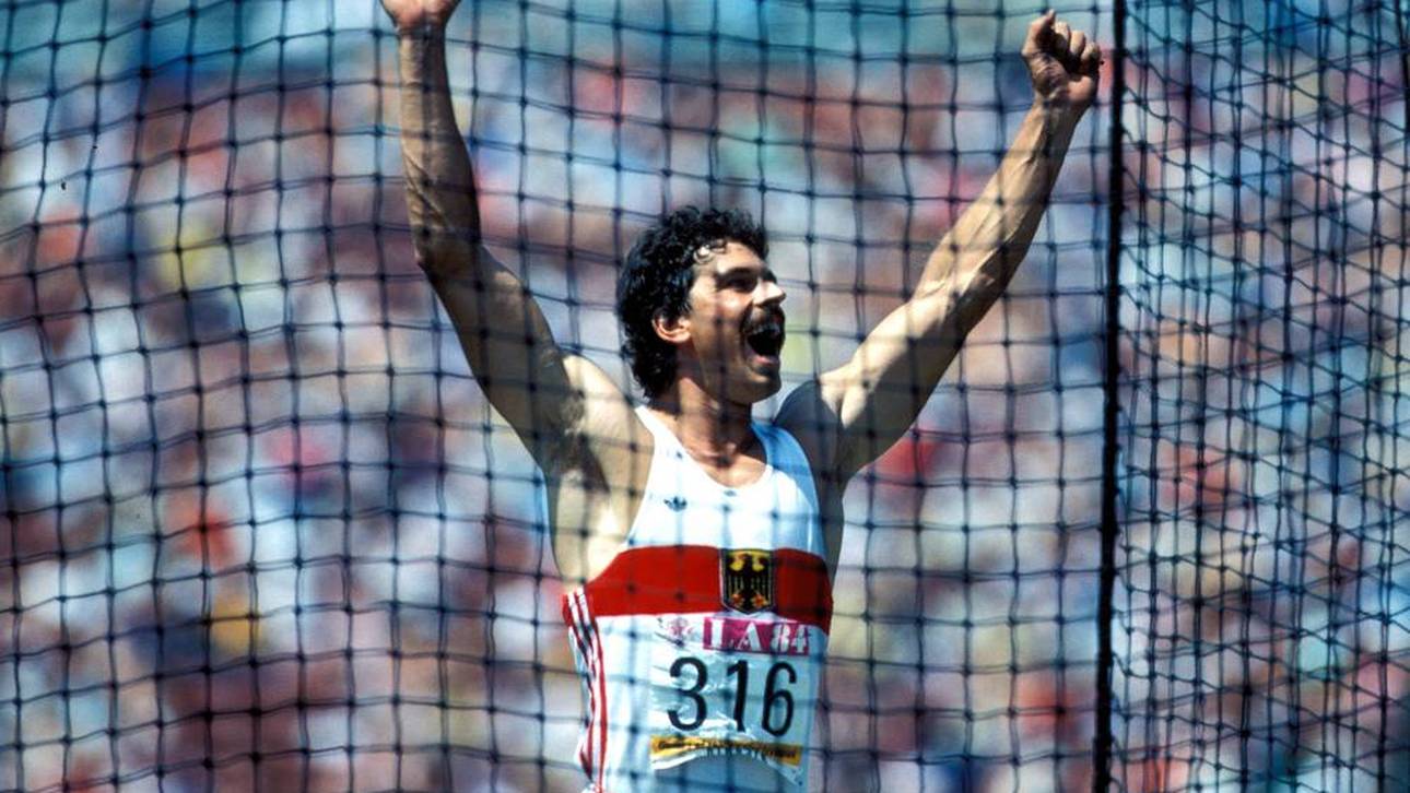 Jürgen Hingsen beim Diskuswurf in Los Angeles