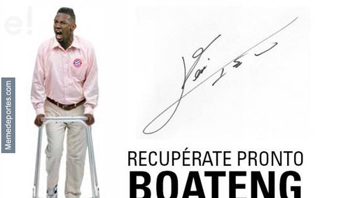 Spanische Genesungswünsche für einen nach Hüft-OP mit Gehhilfe ausgestatteten Boateng