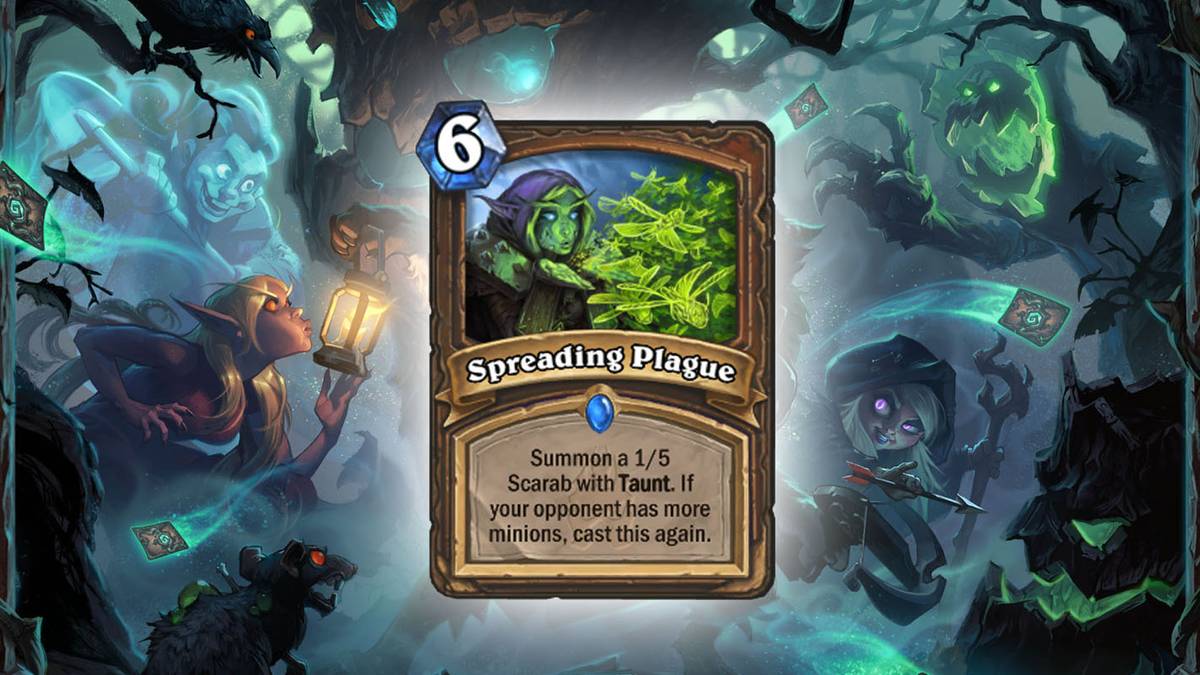 Seuchenherd (Spreading Plague) - Ruft einen Skarabäus (1/5) mit Spott herbei. Wirkt diesen Zauber erneut, wenn Euer Gegner mehr Diener kontrolliert. Diese Karte wird zweimal im Deck gespielt