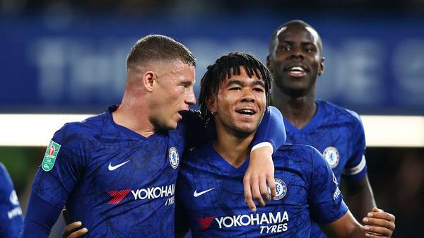 LONDON, ENGLAND - SEPTEMBER 25: Reece James of Chelsea celebrates with Ross Barkley of Chelsea after he scores his sides 5th goal during the Carabao Cup Third Round match between Chelsea FC and Grimsby Town at Stamford Bridge on September 25, 2019 in London, England. (Photo by Dan Istitene/Getty Images)