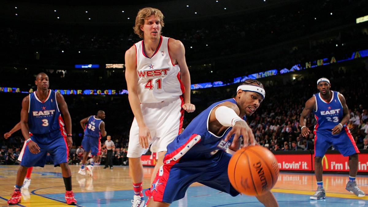 In Denver feiert der Osten 2005 mit 125:115 den ersten Sieg in einem All-Star Game seit 2001. Wie damals wird Allen Iverson (v.) zum MVP gewählt. Nowitzki (M.) kommt auf zehn Punkte, sieben Rebounds und vier Steals. Erstmals seit 1981 erzielt kein Spieler mehr als 20 Punkte