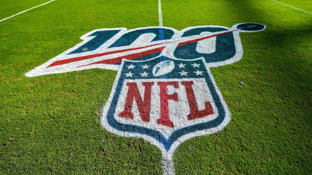 MIAMI, FLORIDA - SEPTEMBER 08: A detailed view of the NFL 100 logo on the field prior to the game between the Miami Dolphins and the Baltimore Ravens at Hard Rock Stadium on September 08, 2019 in Miami, Florida. (Photo by Mark Brown/Getty Images)