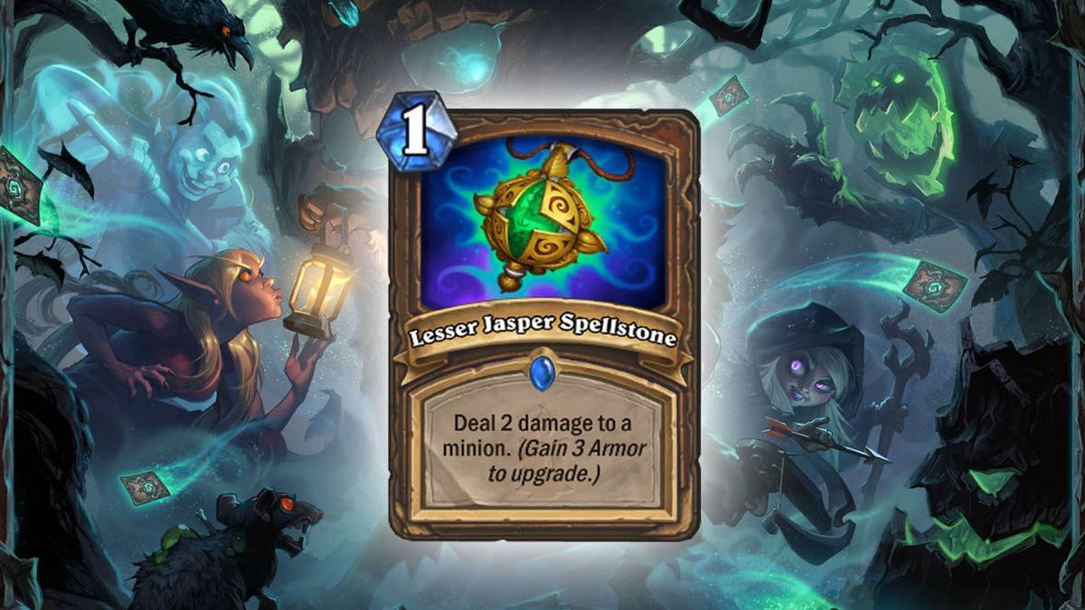 Geringer Zauberjaspis (Lesser Jasper Spellstone) - Fügt einem Diener 2 Schaden zu. (Zum Aufwerten 3 Rüstung erhalten.) Diese Karte wird zweimal im Deck gespielt