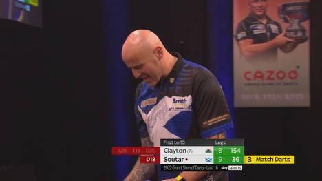 Alan Soutar schlägt in der zweiten Runde des Grand Slam of Darts Jonny Clayton mit 10:8 und sichert sich den Platz im Viertelfinale.