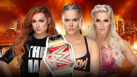 Ronda Rousey (M.) verteidigt ihren RAW-Damentitel bei WWE WrestleMania 35 gegen Becky Lynch (l.) und Charlotte Flair