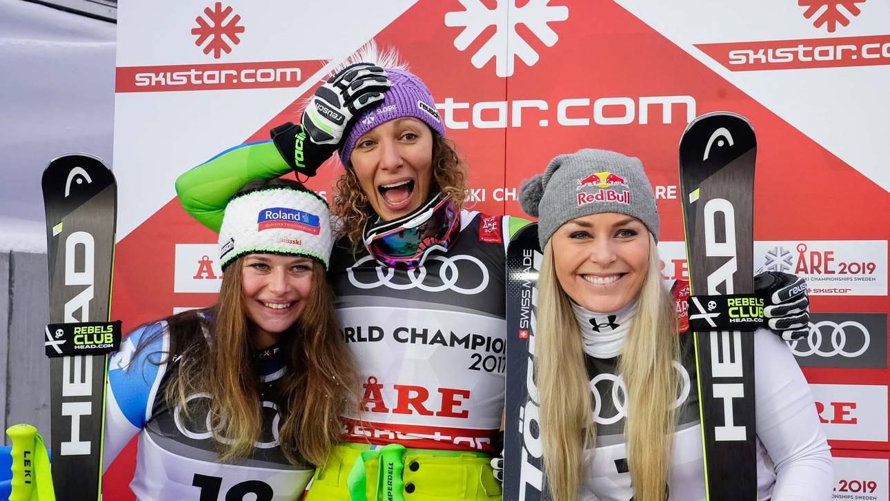 Corinne Suter (l.) und Siegerin Ilka Stuhec übertrumpften Lindsey Vonn