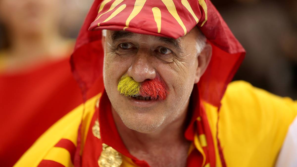 A Macedonian fan cheers for his team during the 24th Men's Handball World Dieser mazedonische Fan ist komplett in Rot und Gelb gekommen