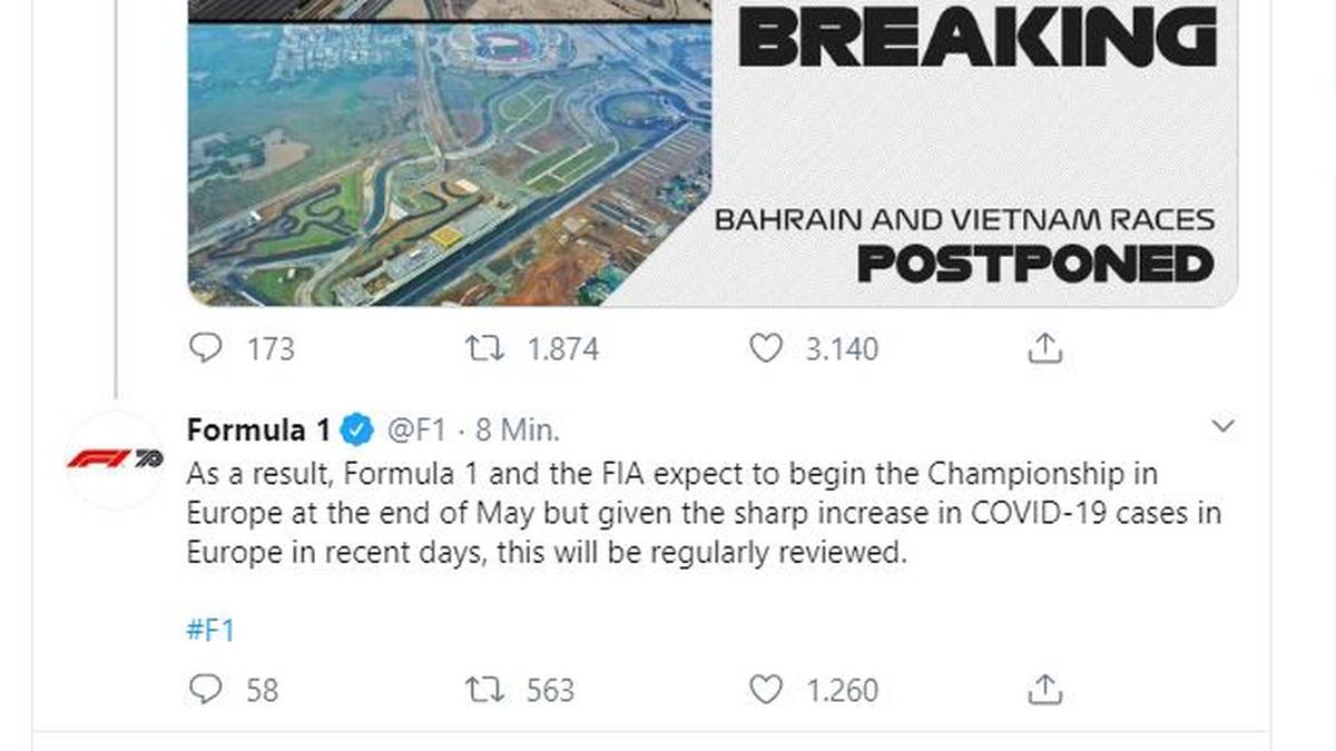 In Ihrem Tweet schreibt die Formel 1 von einem erwarteten Saisonbeginn "Ende Mai"