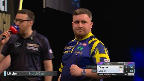 Luke Littler holt nach Startschwierigkeiten in der Premier League of Darts am fünften Spieltag seinen ersten Tagessieg und zeigt einige Highlights in Cardiff.