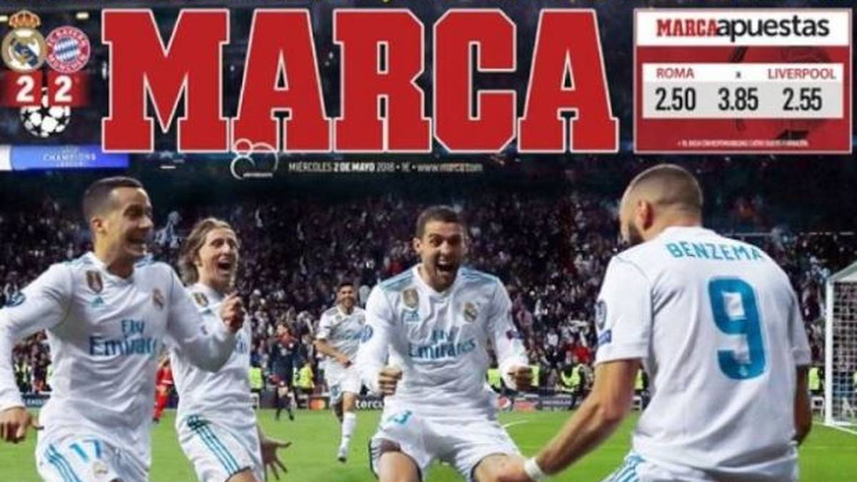 SPANIEN - Marca: "Holt euch den 13.! Die Meister leiden und widerstehen gegen ein bewundernswertes Bayern. Zwei Tore von Benzema und die Riesenparaden von Keylor waren entscheidend. Real stirbt nie. Leidend zogen die Weißen in ihr drittes Finale in Folge ein. Nach den Schlusspfiff musste sich das Bernabeu-Stadion zunächst mal von dem Schrecken erholen. Bayern zeigte einen außergewöhnlichen Glauben daran, das Wunder zu schaffen. Real behält weiter seine Residenz im Himmel."