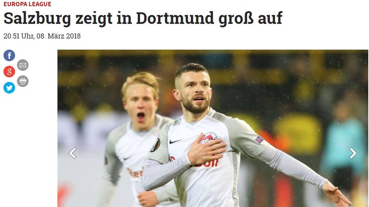 KLEINE ZEITUNG: "Salzburg zeigt in Dortmund groß auf. Salzburg darf auf ein historisches Weiterkommen in der Europa League hoffen"