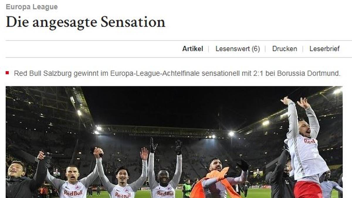 WIENER ZEITUNG: "Die angesagte Sensation. Es ist ja lautstark davon geträumt worden. Dass Red Bull Salzburg bei Borussia Dortmund dann aber tatsächlich mit 2:1 gewonnen hat, ist eine handfeste Sensation. Die vom Wiener Peter Stöger trainierten Dortmunder kamen kaum zu Chancen"