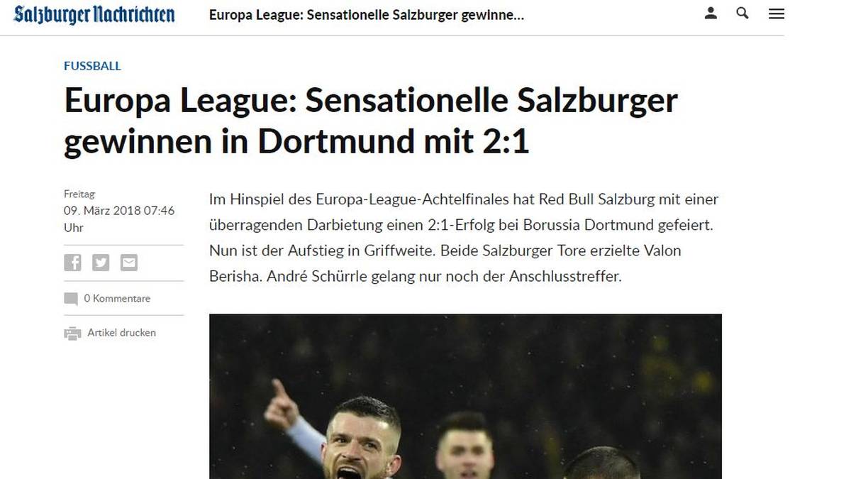 SALZBURGER NACHRICHTEN: "Sensationelle Salzburger gewinnen in Dortmund mit 2:1. Nun ist der Aufstieg in Griffweite"