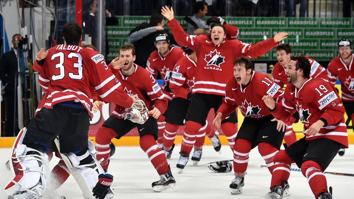 Quasi mit der Schlusssekunde legt Kanada noch ein Tor nach. Dann brechen alle Dämme. Die harten Eishockey-Cracks freuen sich wie kleine Kinder
