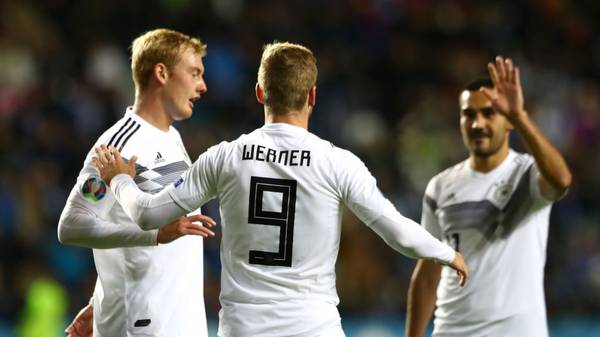 TALLINN, ESTONIA - OCTOBER 13: Timo Werner of Germany celebrates scoring his team's third goal during the UEFA Euro 2020 qualifier between Estonia and Germany on October 13, 2019 in Tallinn, Estonia. (Photo by Martin Rose/Bongarts/Getty Images)