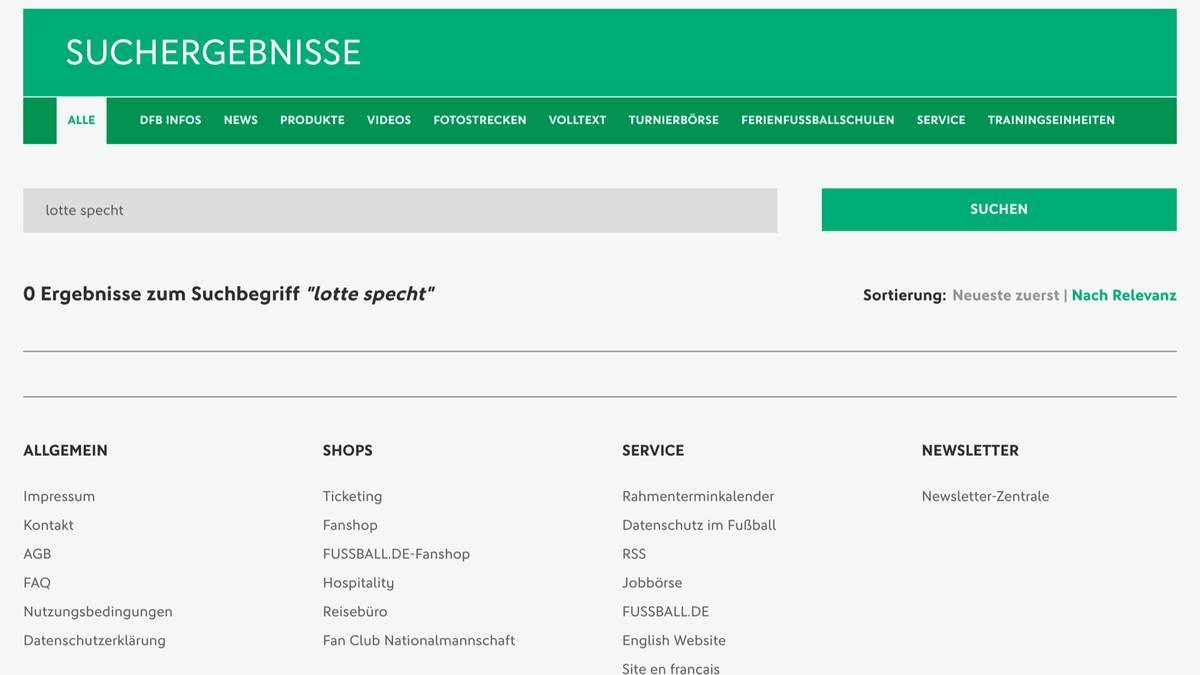 Die leere Ergebnisseite auf dfb.de bei der Suche nach dem Namen Lotte Specht