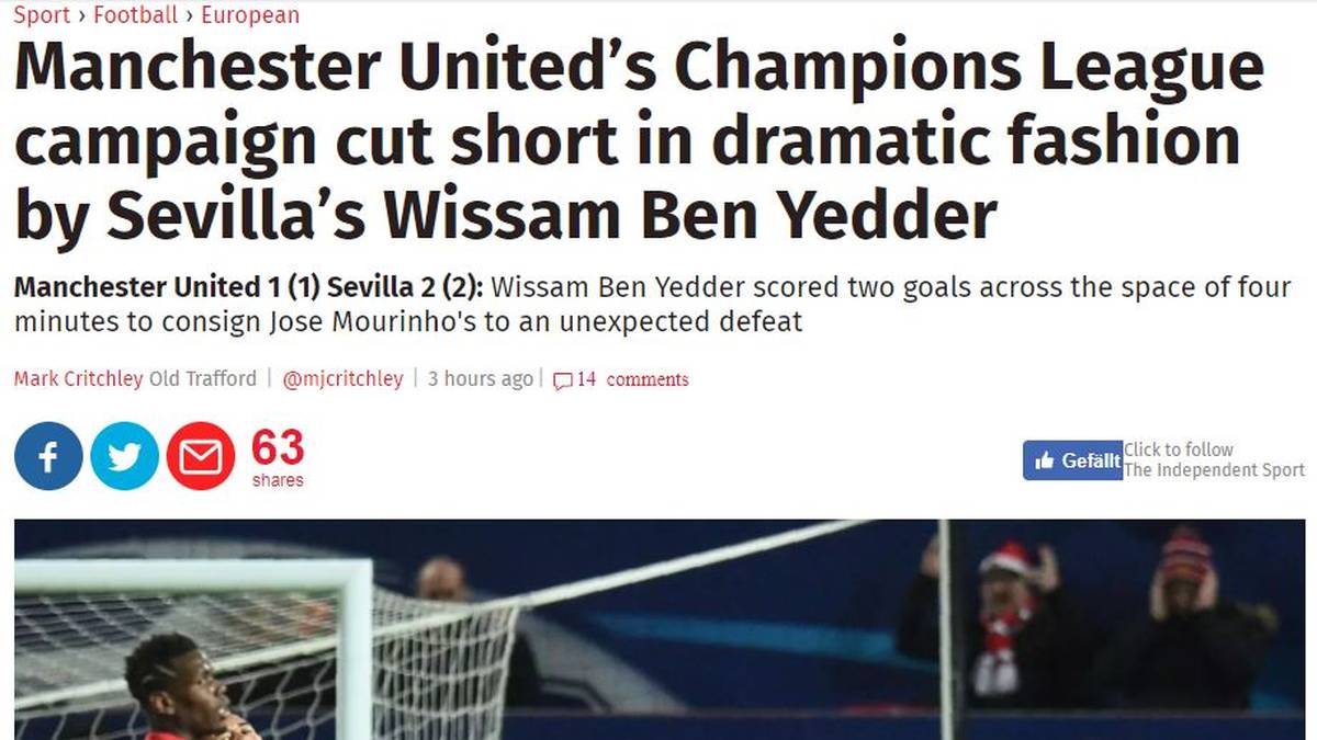 ENGLAND - THE INDEPENDENT: "Manchester Uniteds Champions-League-Saison wurde von Sevilla verkürzt. Wissam Ben Yedder erzielte zwei Tore binnen vier Minuten und verpasste Jose Mourinho damit eine unerwartete Niederlage."
