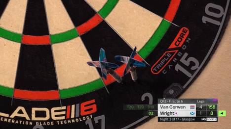 Peter Wright führt im siebten Leg seines Achtelfinals gegen Michael van Gerwen deutlich, bekommt es aber nicht zu und um muss es schließlich an MvG abgeben.