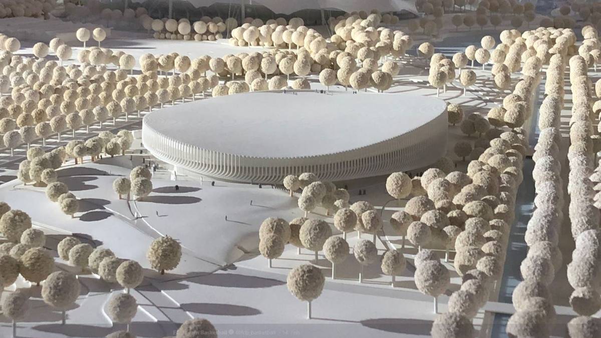 So sieht die neue Heimat der Bayern-Basketballer und der Eishockey-Spieler von Red Bull München aus. Die ovale Arena, die 11.500 Zuschauern Platz bietet, fügt sich schön in die Umgebung des Münchner Olympiaparks ein